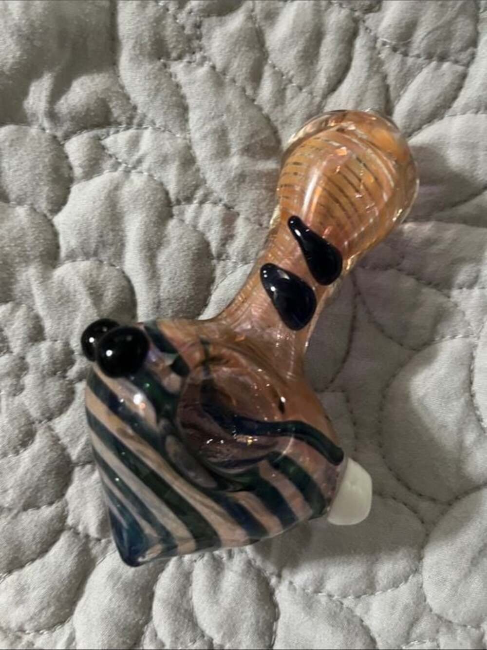 Handmade Glass Spoon Piece in Amber/Pink with Dark Blue Accents